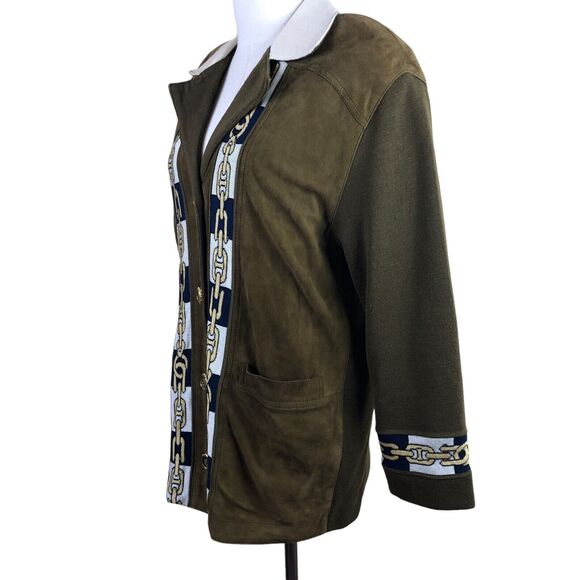Torras Spain Vintage 80s Jacket Green Suede Gold Navy Knit Chain Link - Picture 11 of 14